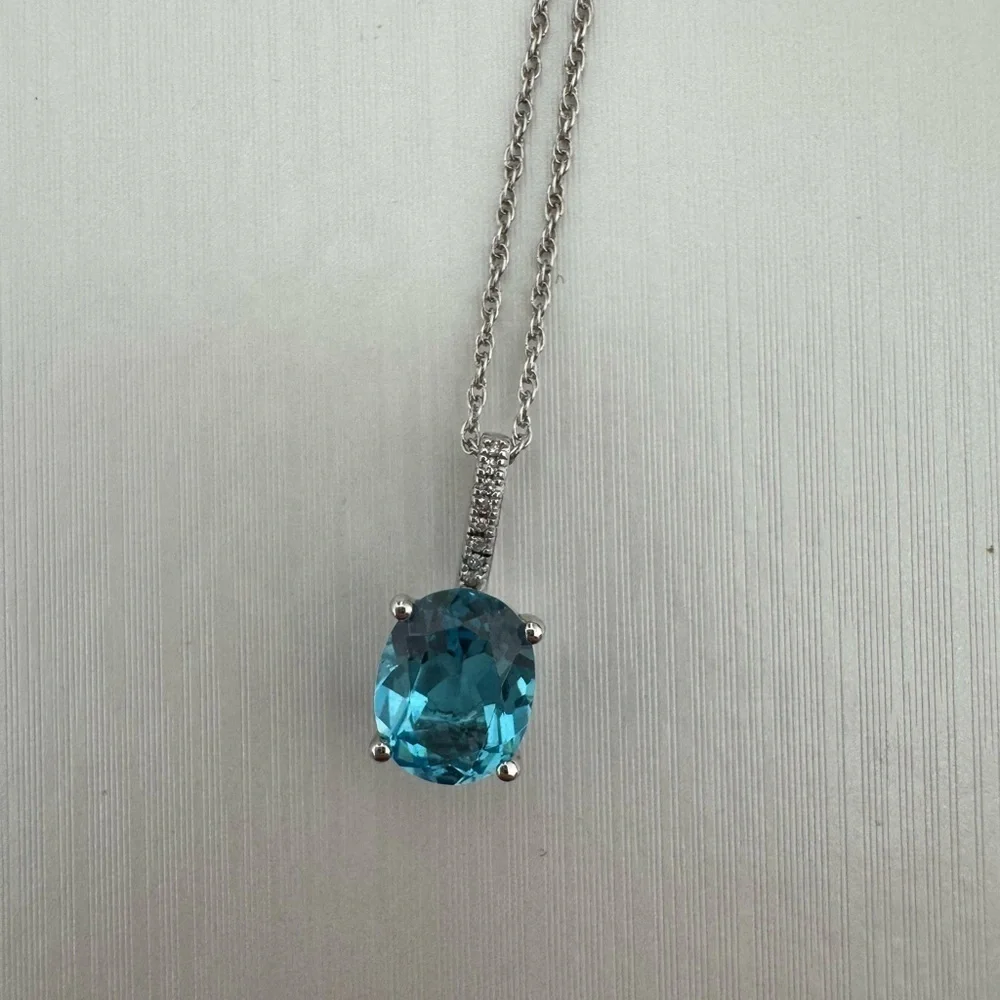 Gen Blue Topaz Gen Diamond Pendant Sterling Silver Necklace
